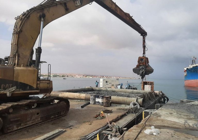 A large excavator is stationed on a dock, equipped with a grappling attachment lifting debris. A ship is docked nearby on the right side of the image. The scene overlooks a calm body of water with buildings visible in the background under a cloudy sky.