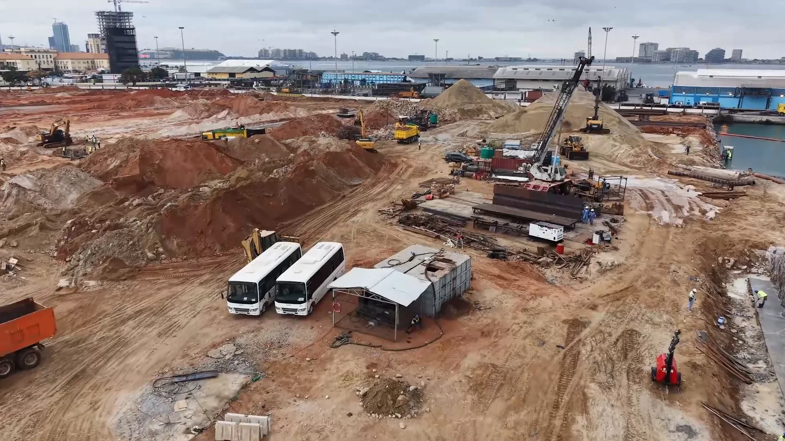 Luanda Marine Works — construction plant and material handling beside the waterfront