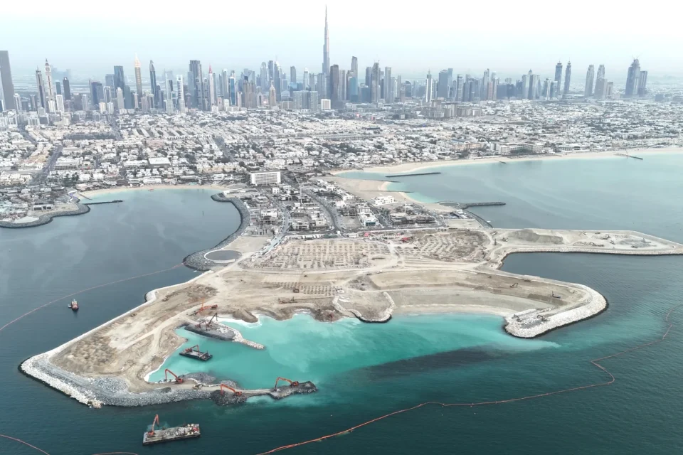 Cape Jumeirah Marine Works MH-0123 — aerial view of the reclaimed peninsula and Dubai skyline